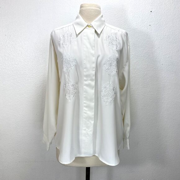 Vintage White Slinky Blouse Medium Front Placket Button Embroidery Career Formal - Picture 1 of 10